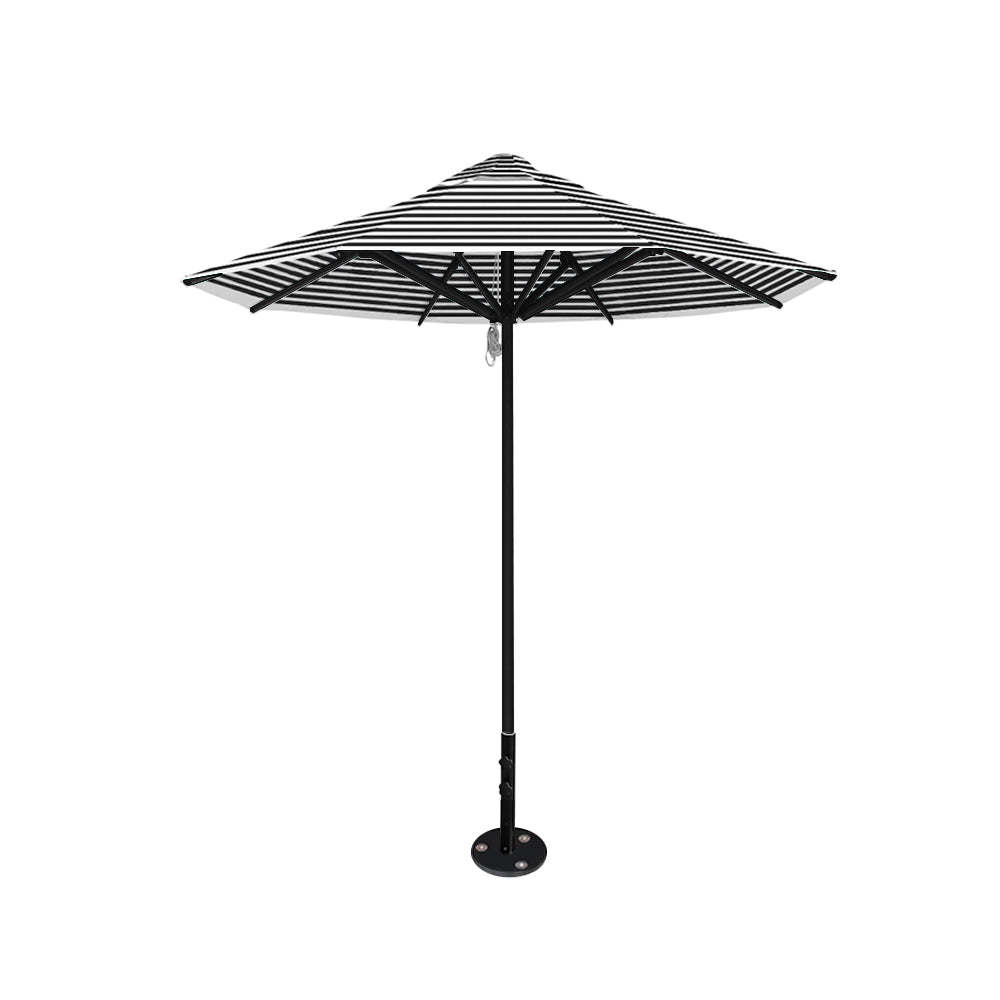 8' Saville octagonal outdoor umbrella from Extreme Canopy with black stripe canopy, durable black frame, and inground base.