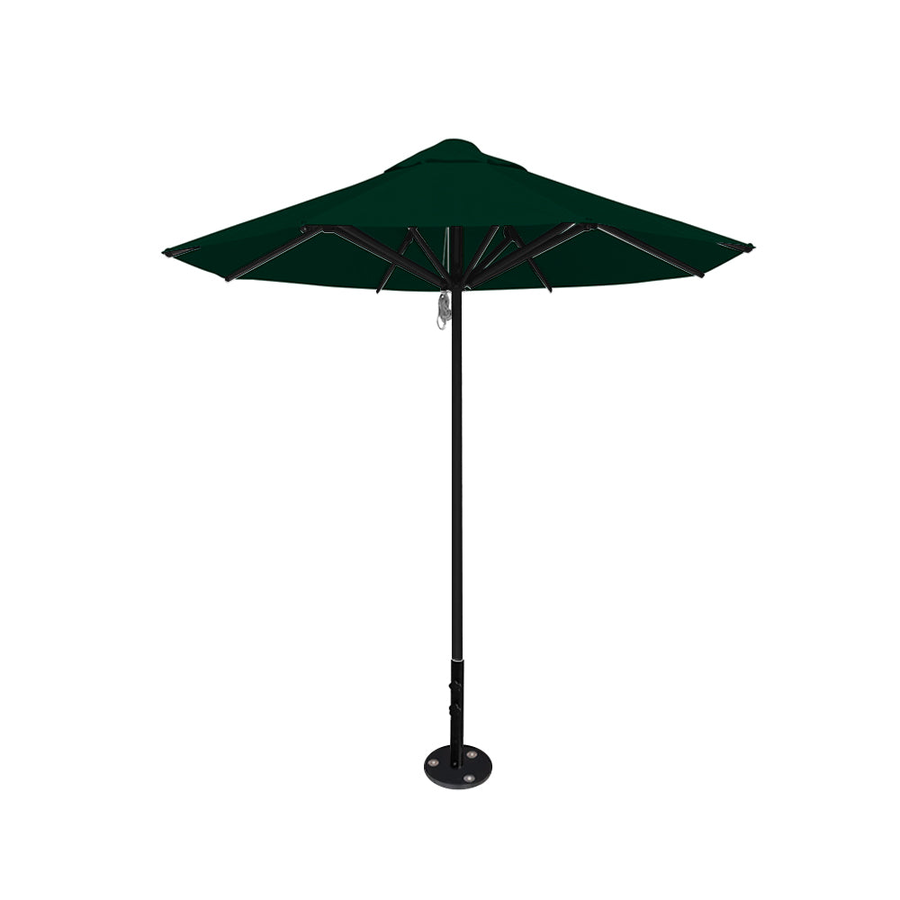 8' Saville octagonal outdoor umbrella from Extreme Canopy with forest green canopy, durable black frame, and inground base.