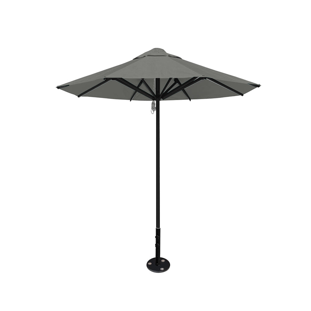 8' Saville octagonal outdoor umbrella from Extreme Canopy with gray canopy, durable black frame, and inground base.