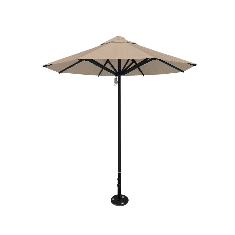 8' Saville octagonal outdoor umbrella from Extreme Canopy with linen canopy, durable black frame, and inground base.