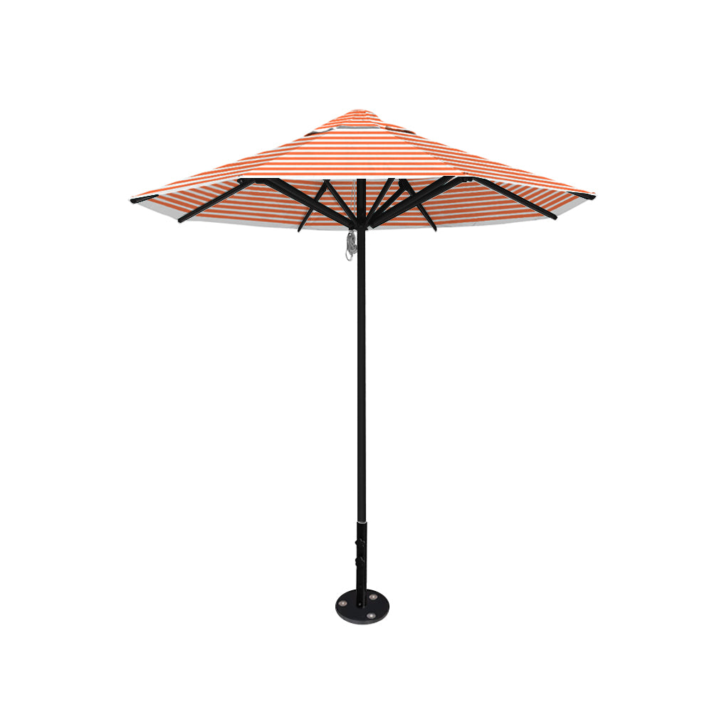 8' Saville octagonal outdoor umbrella from Extreme Canopy with orange stripe canopy, durable black frame, and inground base.