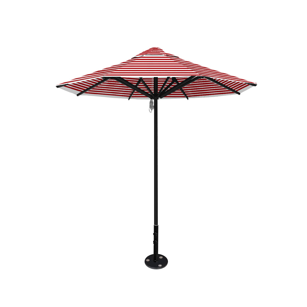 8' Saville octagonal outdoor umbrella from Extreme Canopy with red stripe canopy, durable black frame, and inground base.