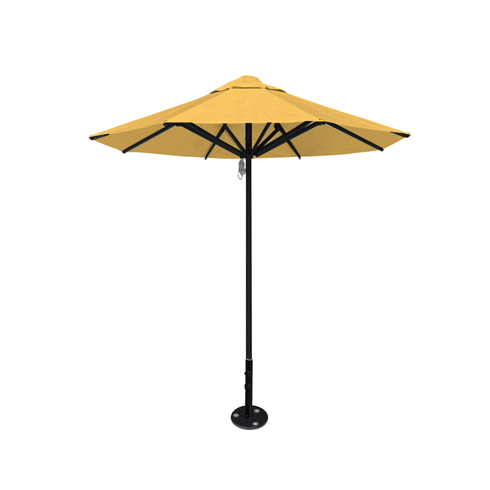 8' Saville octagonal outdoor umbrella from Extreme Canopy with sunflower canopy, durable black frame, and inground base.