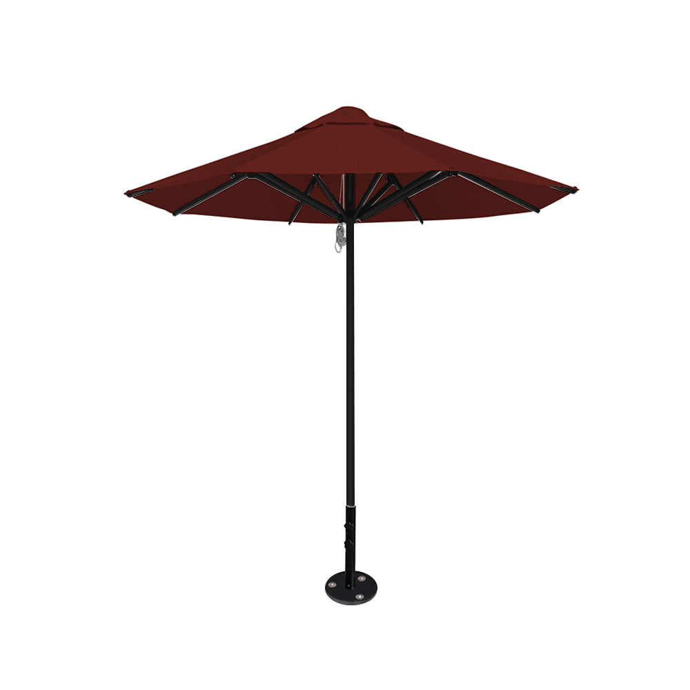 8' Saville octagonal outdoor umbrella from Extreme Canopy with terracotta canopy, durable black frame, and inground base.
