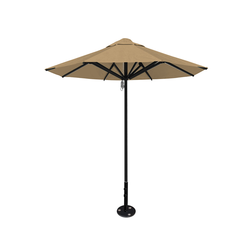 8' Saville octagonal outdoor umbrella from Extreme Canopy with toast canopy, durable black frame, and inground base.