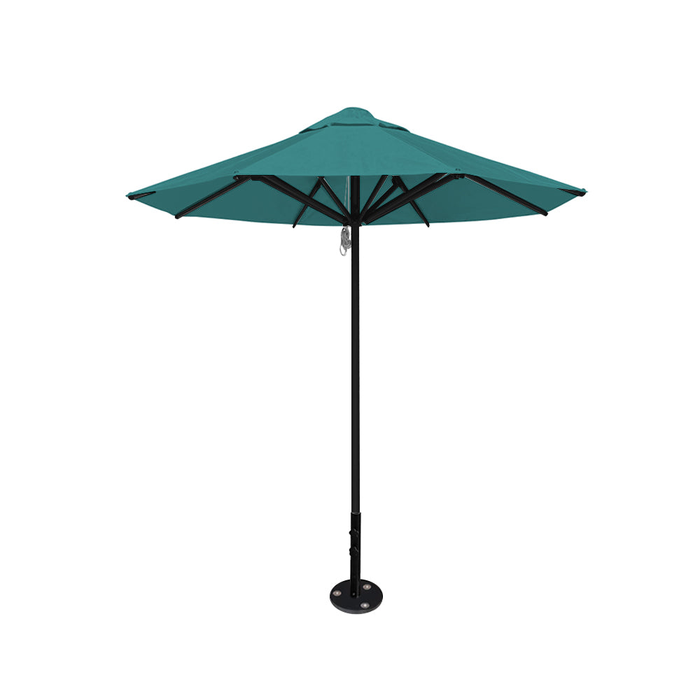 8' Saville octagonal outdoor umbrella from Extreme Canopy with turquoise canopy, durable black frame, and inground base.