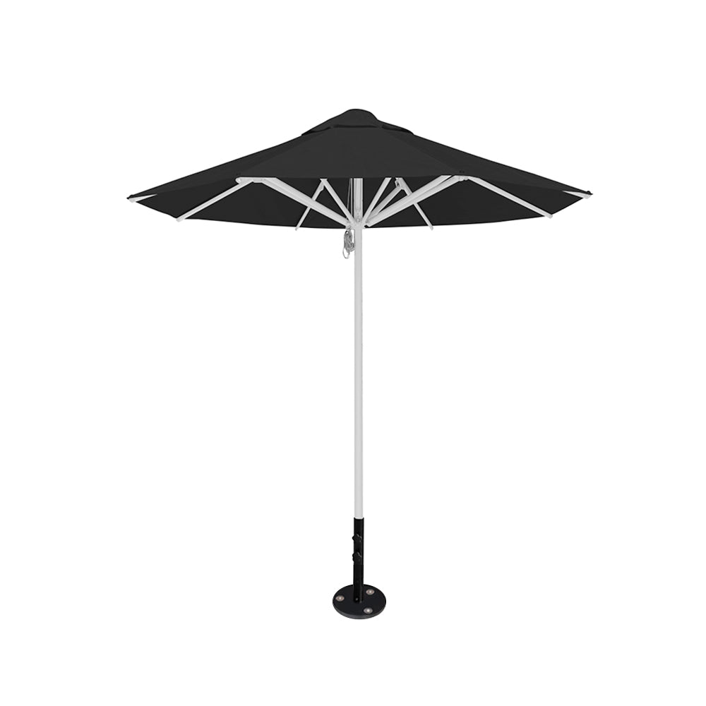 8' Saville octagonal outdoor umbrella from Extreme Canopy with black canopy, durable silver frame, and inground base.