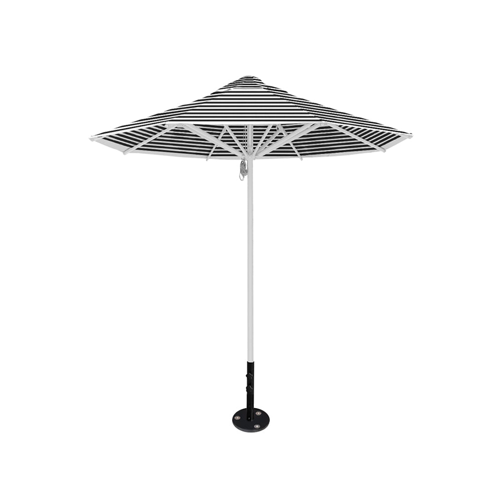 8' Saville octagonal outdoor umbrella from Extreme Canopy with black stripe canopy, durable silver frame, and inground base.