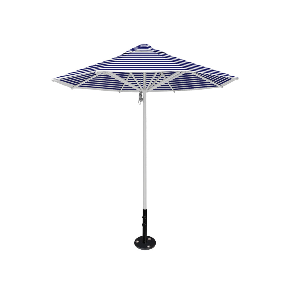 8' Saville octagonal outdoor umbrella from Extreme Canopy with blue stripe canopy, durable silver frame, and inground base.