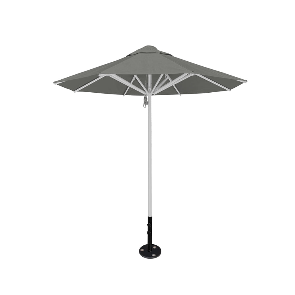 8' Saville octagonal outdoor umbrella from Extreme Canopy with gray canopy, durable silver frame, and inground base.