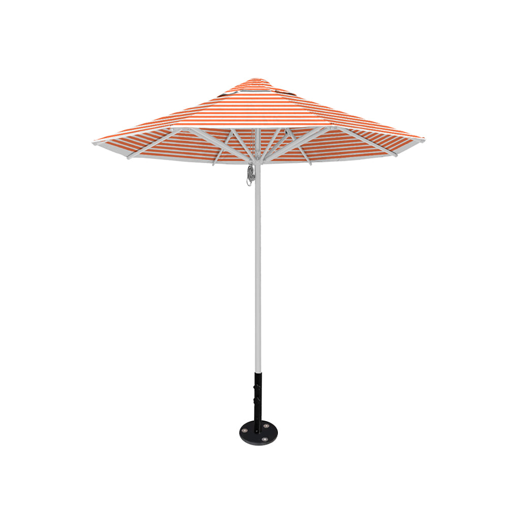 8' Saville octagonal outdoor umbrella from Extreme Canopy with orange stripe canopy, durable silver frame, and inground base.
