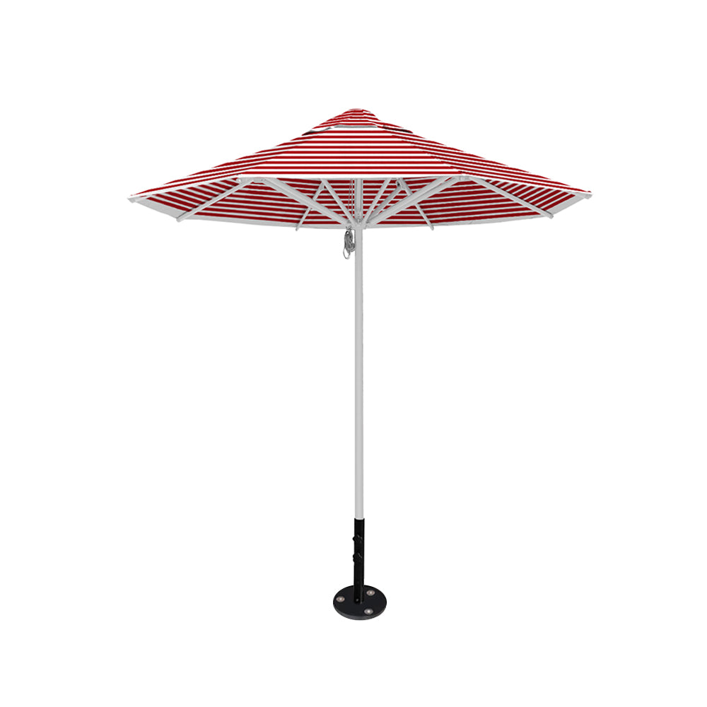 8' Saville octagonal outdoor umbrella from Extreme Canopy with red stripe canopy, durable silver frame, and inground base.