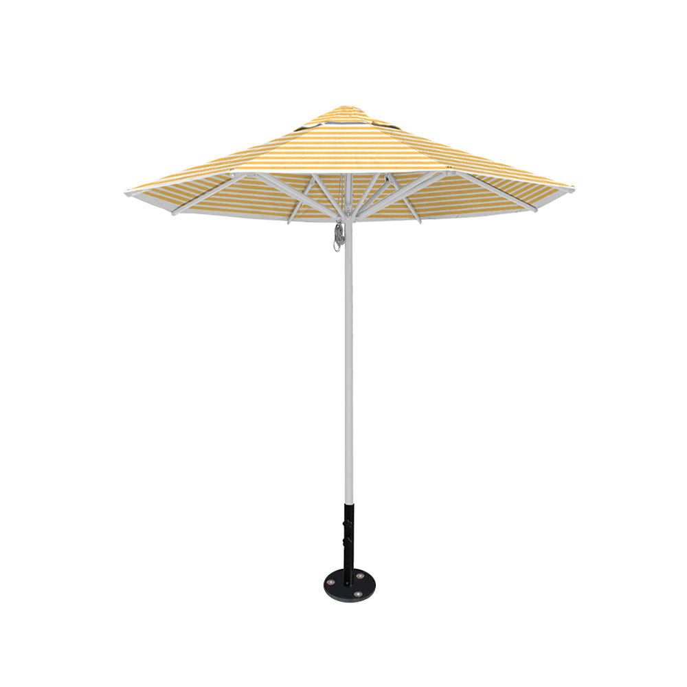 8' Saville octagonal outdoor umbrella from Extreme Canopy with sunflower stripe canopy, durable silver frame, and inground base.