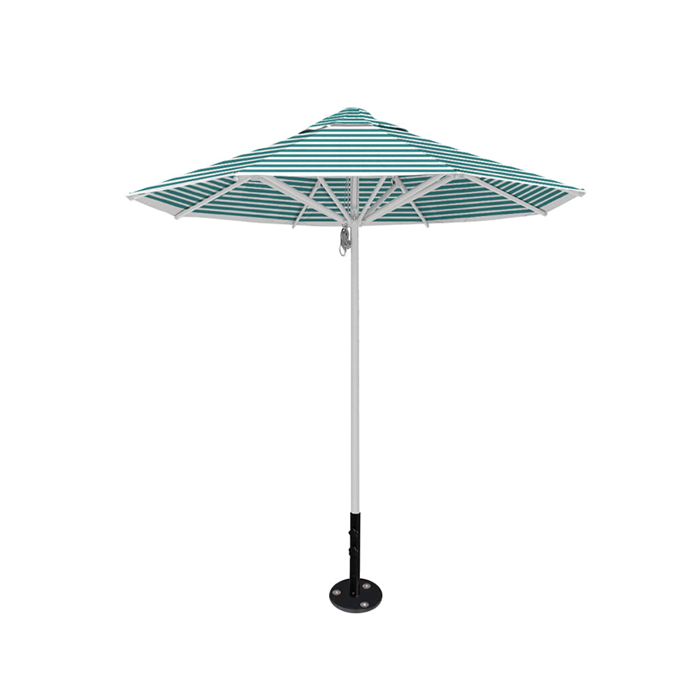 8' Saville octagonal outdoor umbrella from Extreme Canopy with turquoise stripe canopy, durable silver frame, and inground base.