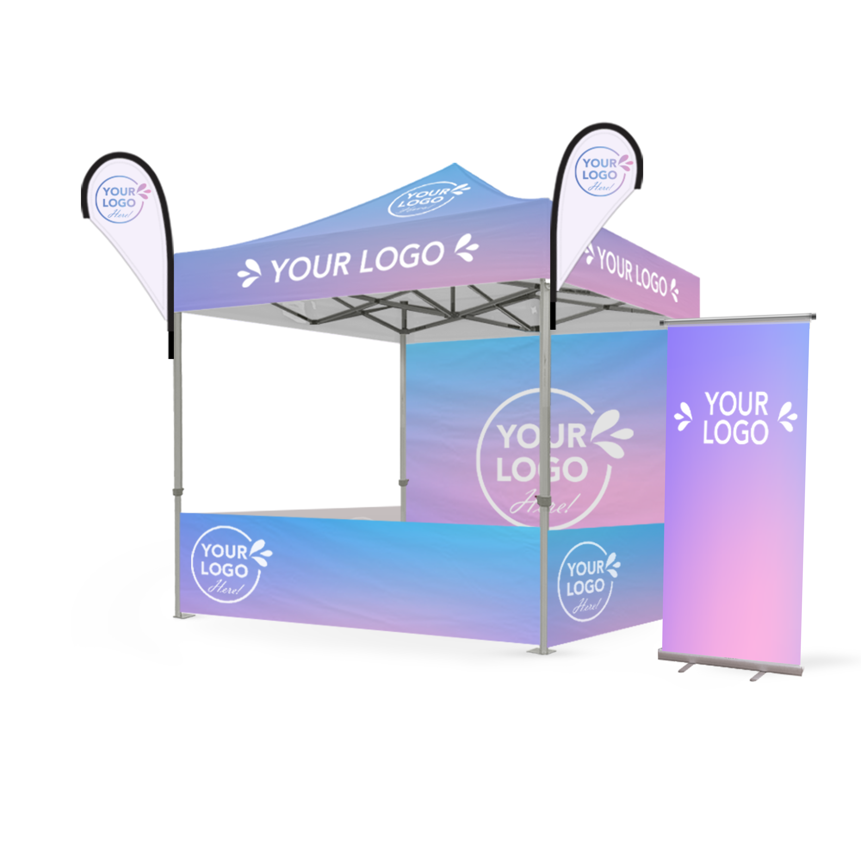 8' x 8' Custom Canopy Complete Event Package includes Roof, Table Cover, Full Walls, Three 8' Half Walls, and Pull-up Banner