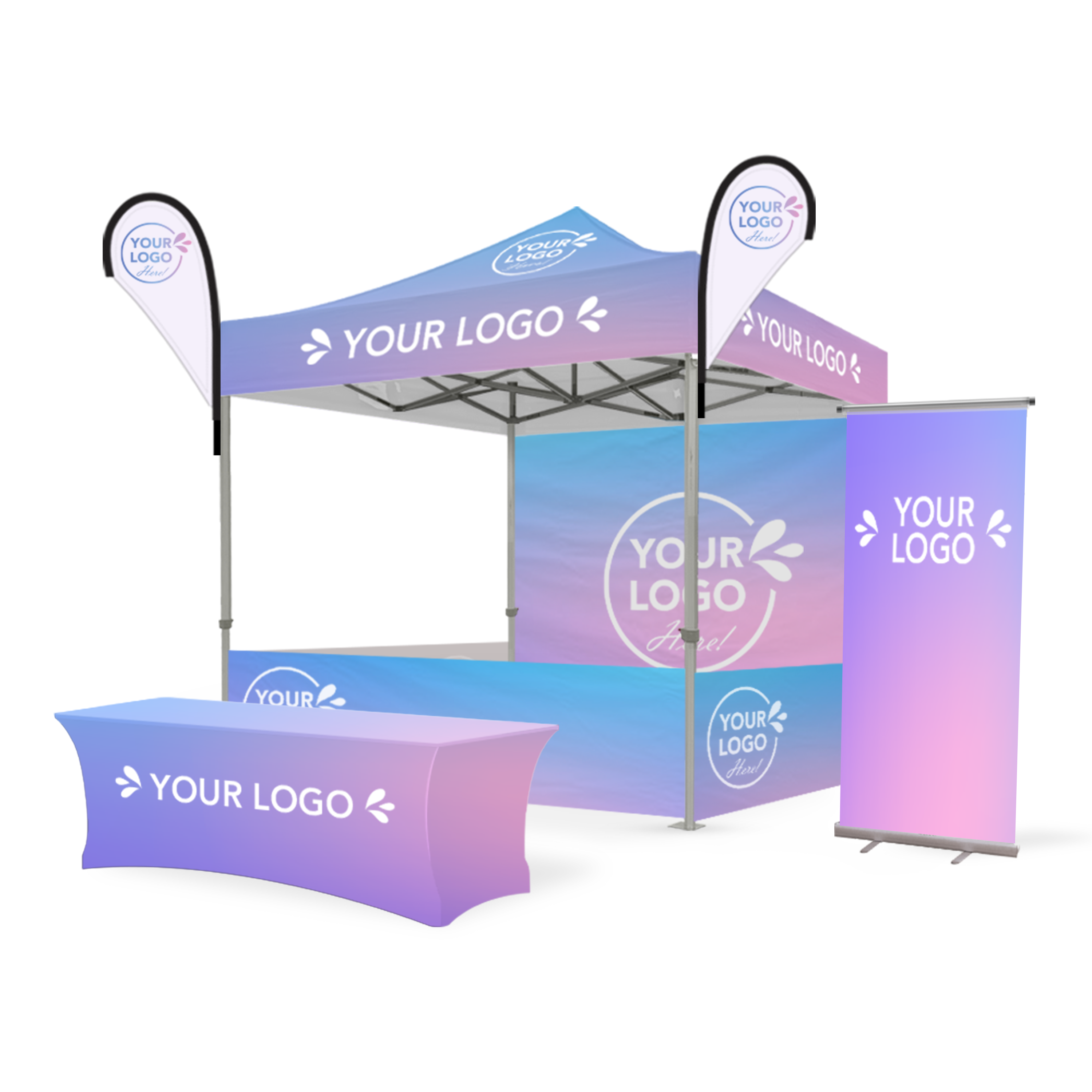 8' x 8' Custom Canopy Roof, Table Cover, Full Walls, three 8' Half Walls, Wave Flags, and Pull-up Banner Package