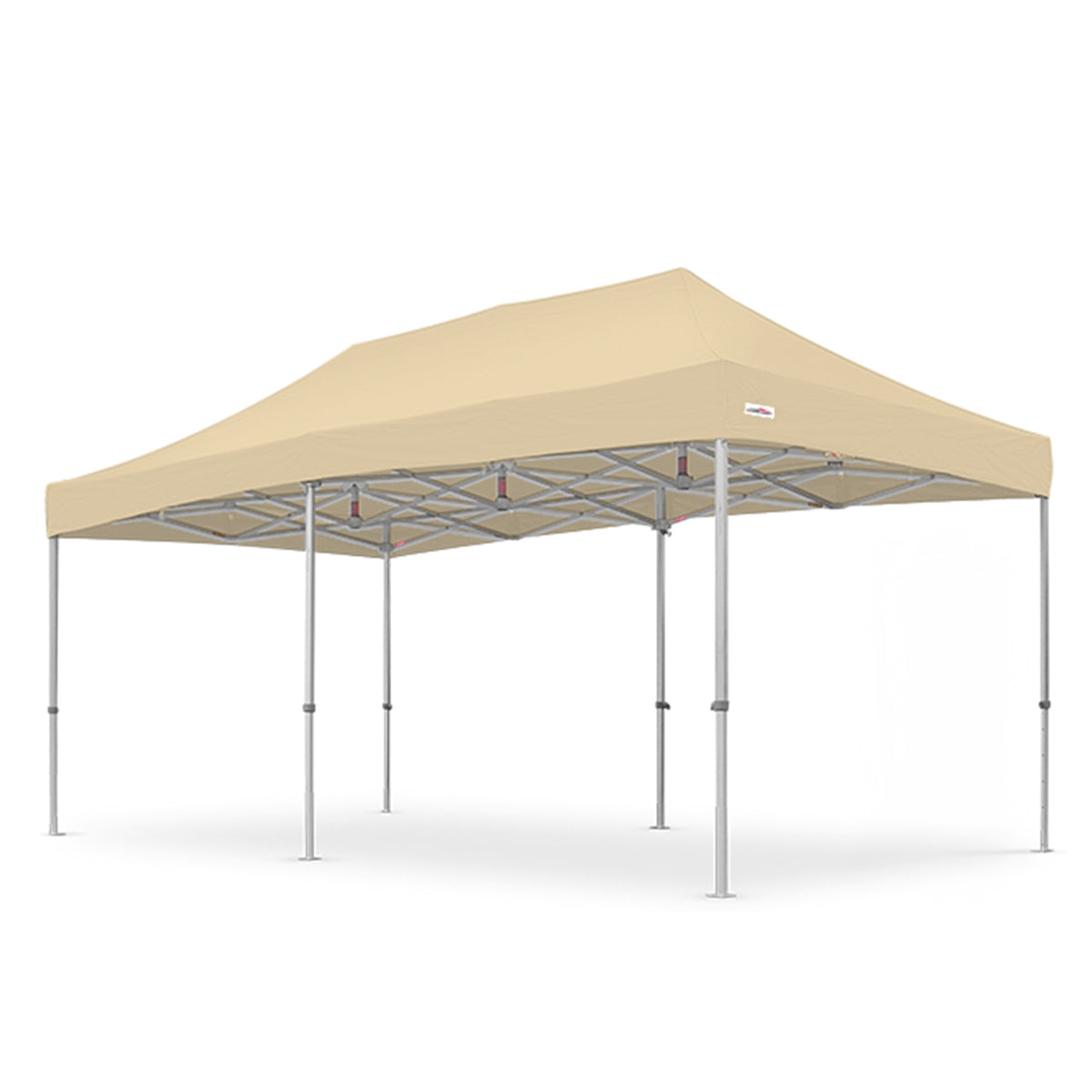 Cream-colored 10x20ft canopy in the X7 Tectonic series, constructed with a heavy-duty aluminum frame and 29-inch extended legs