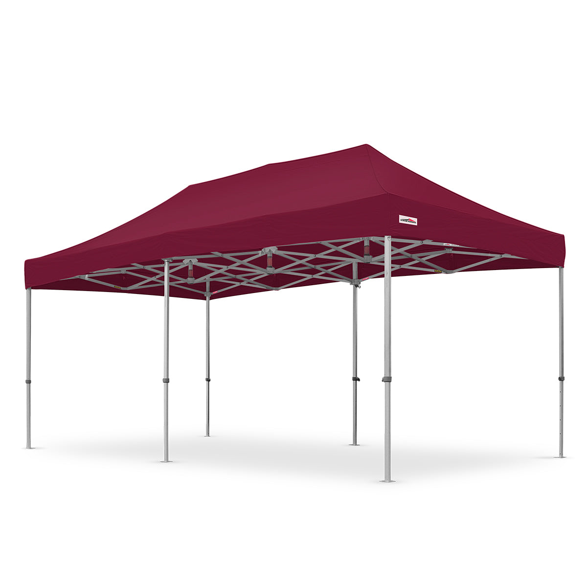 Maroon 10x20ft heavy-duty canopy from the X7 Tectonic series, built with reinforced aluminum construction and 29-inch leg extensions.