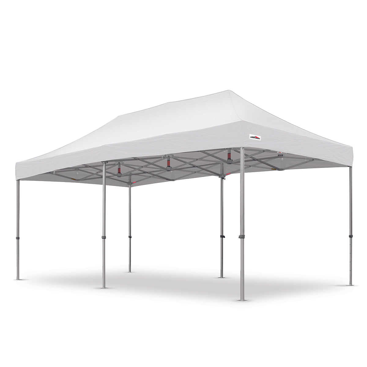 10x20ft white X7 Tectonic canopy with reinforced aluminum frame and 29-inch extended legs for heavy-duty outdoor use.