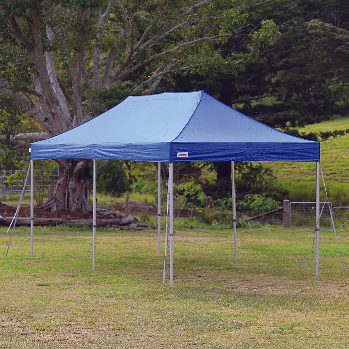 Blue 10x20 ft X7 Tectonic canopy tent with 29-inch extended legs set up on a grassy field
