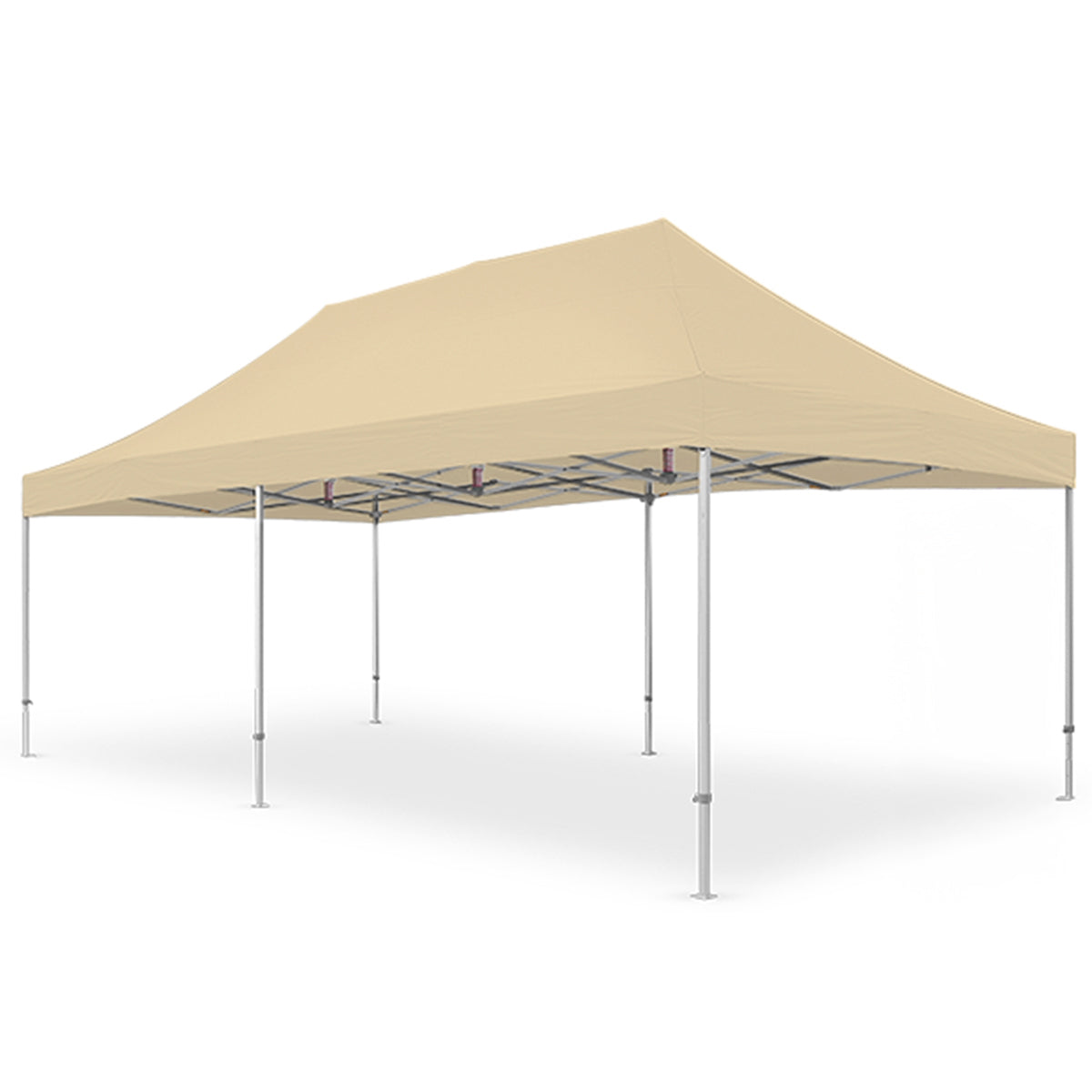 Cream-colored X7 Tectonic 13x26 ft canopy with a heavy-duty aluminum frame and extended 29-inch leg supports.