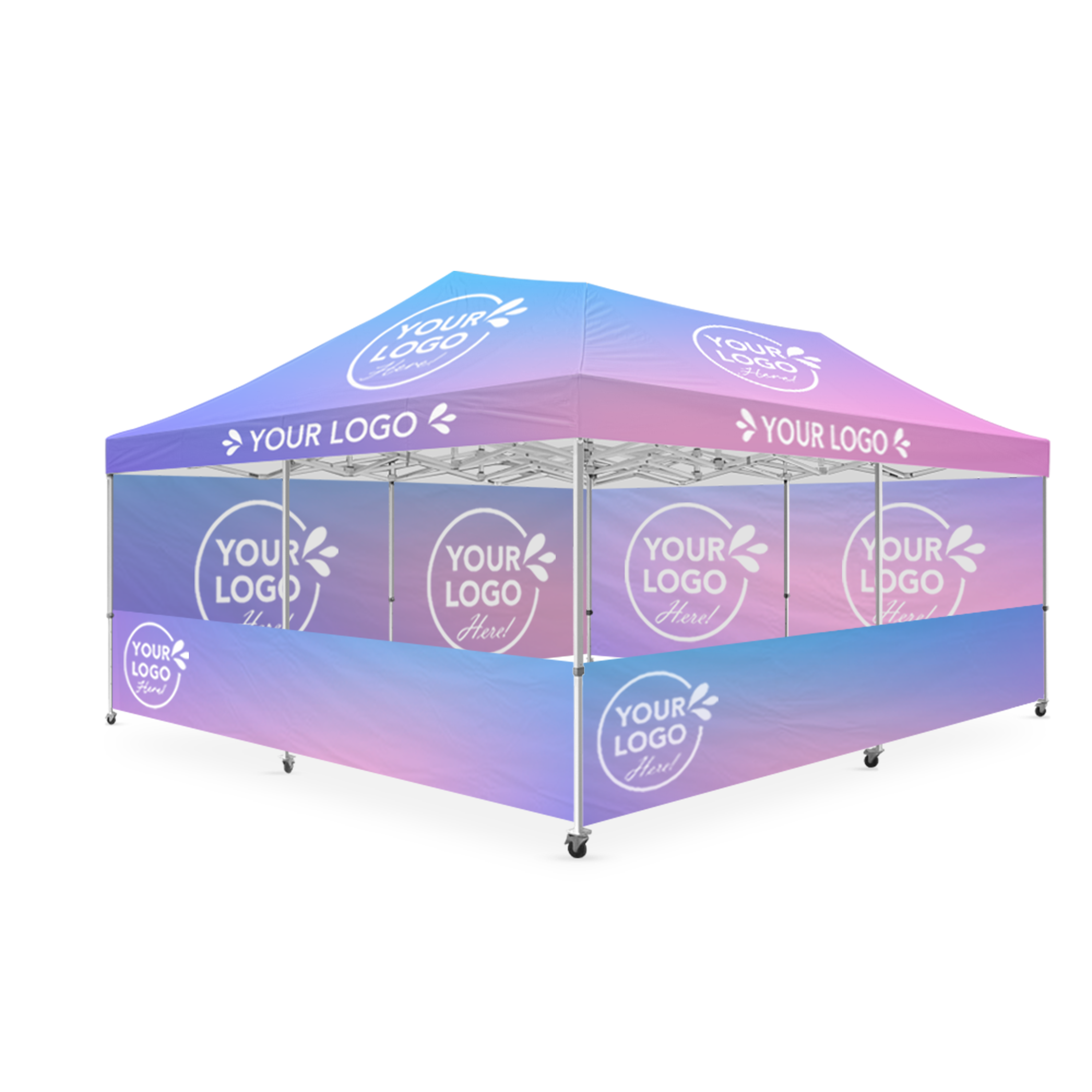 20' x 20' Custom Canopy Event Presence Package Includes: Fully Printed Roof, Single Side Printed Full Walls, Single Side Printed half Walls, Canopy Frame, Carry Bag, Tie Down Ropes, and Steel Pins.
