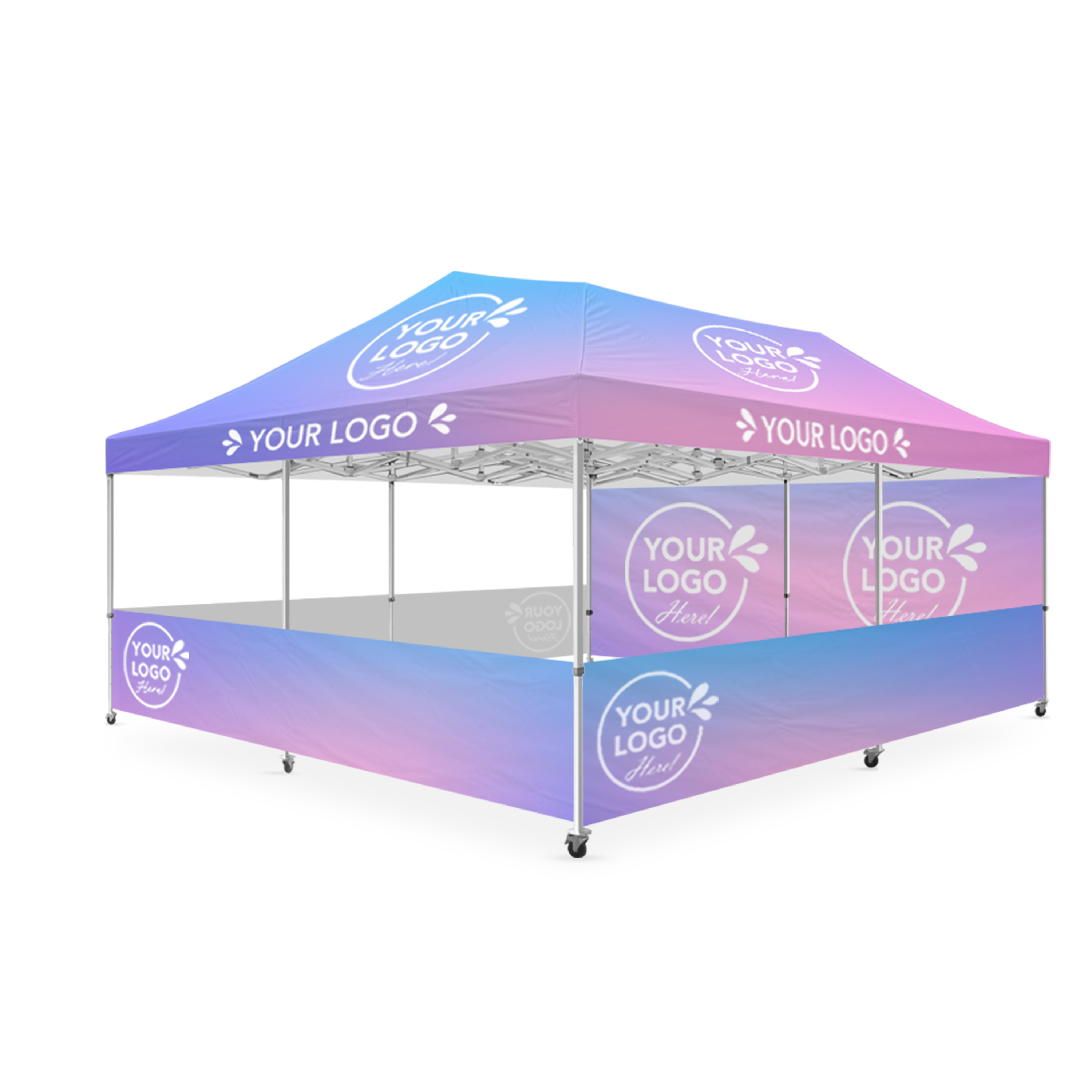 20' x 20' Custom Canopy Engage Package Includes: Fully Printed Roof , two 20' Single Side Printed Full Walls, three 20' Single Side Printed half Walls