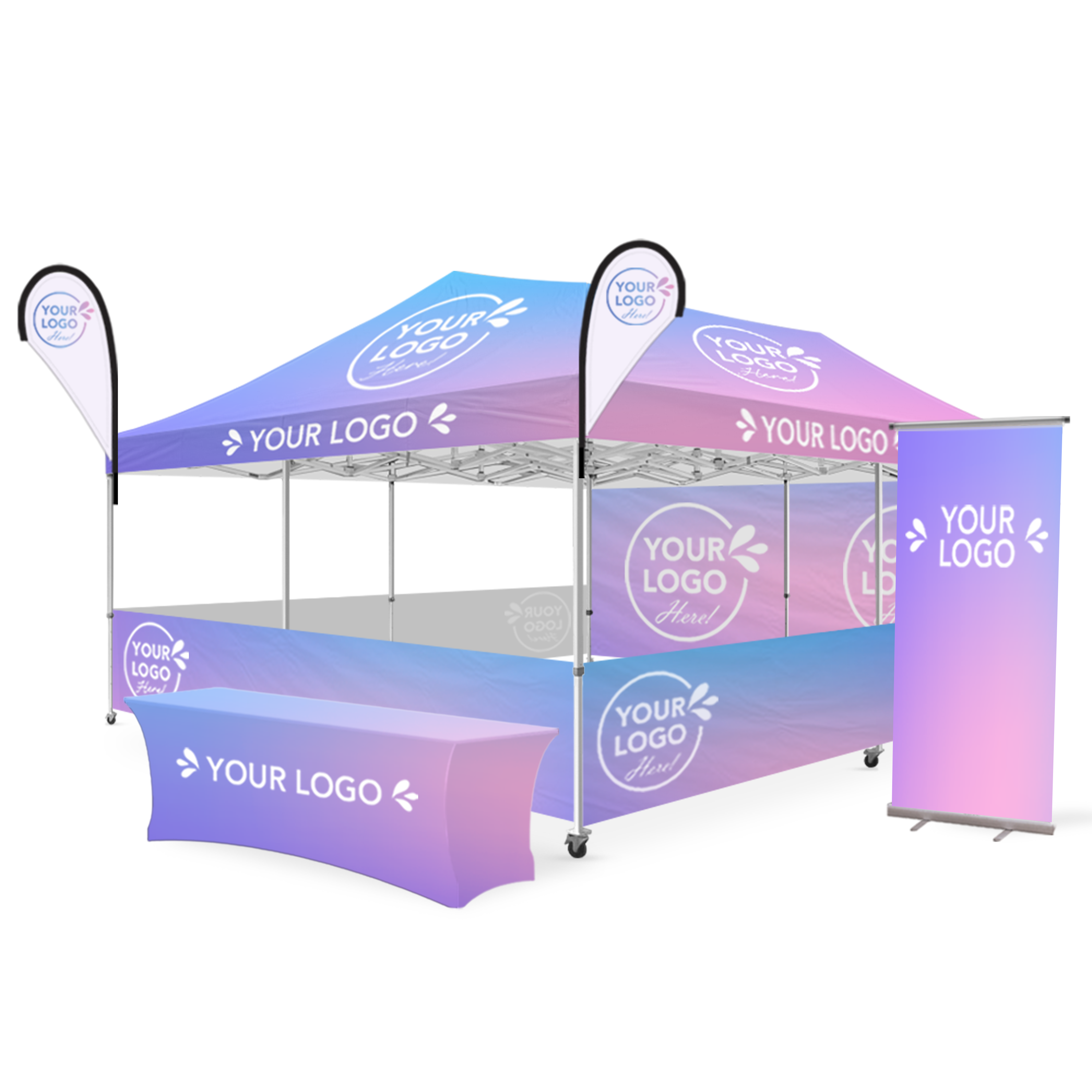 20x20 Custom Canopy Elite Package includes Printed Roof Fabric, 1 Full Wall, 3 Half Walls, two Wave Flags, Pull-up Banner and Stretch Table