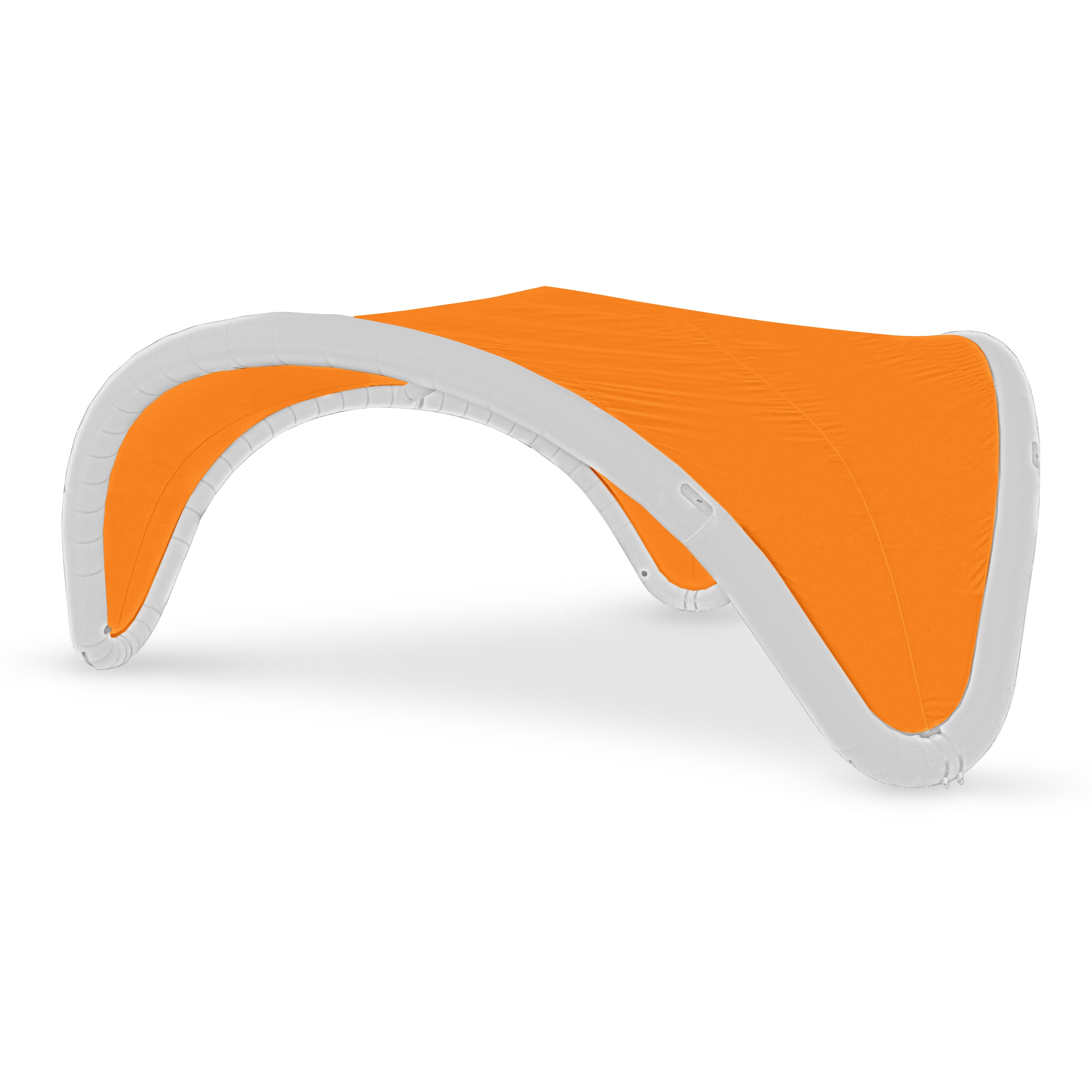 22' Omega inflatable canopy with white curved frame and orange fabric cover by Extreme Canopy