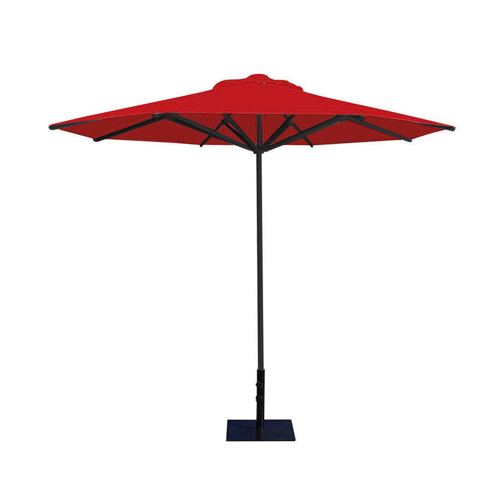 10' Saville octagonal umbrella by Extreme Canopy with red canopy, black frame, and 26lb steel base