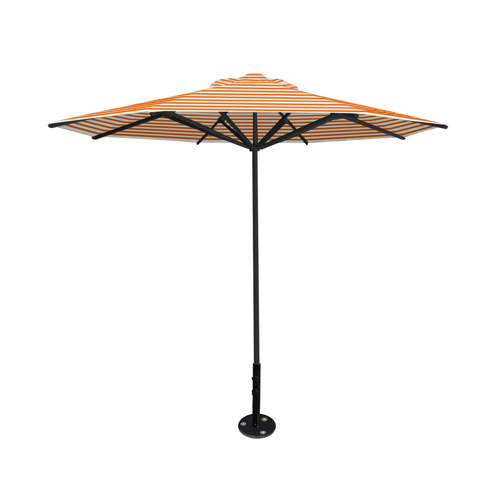 10' Saville octagonal umbrella by Extreme Canopy with orange stripe canopy, black frame, and inground base plate