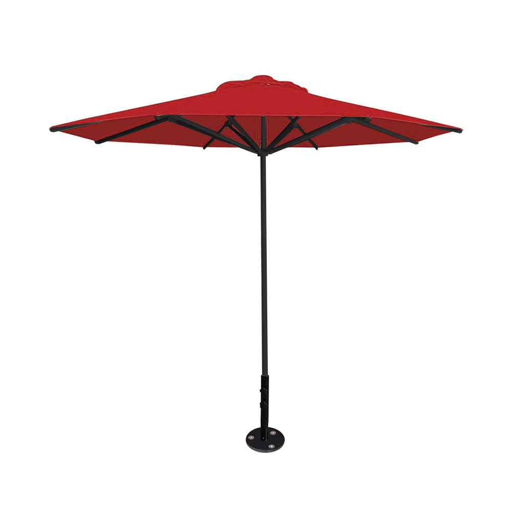 10' Saville octagonal umbrella by Extreme Canopy with red canopy, black frame, and inground base plate