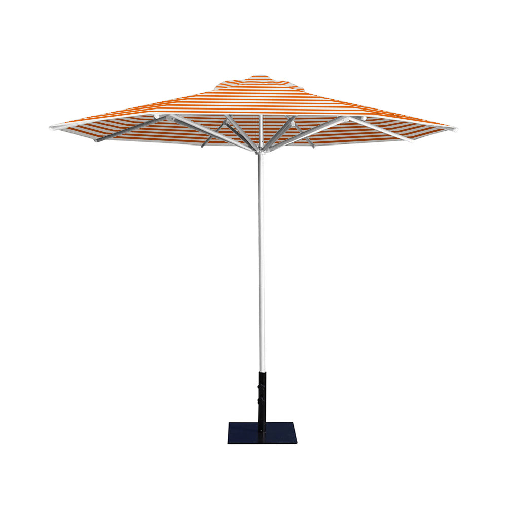 10' Saville octagonal umbrella by Extreme Canopy with orange stripe canopy, silver frame, and 26lb base plate