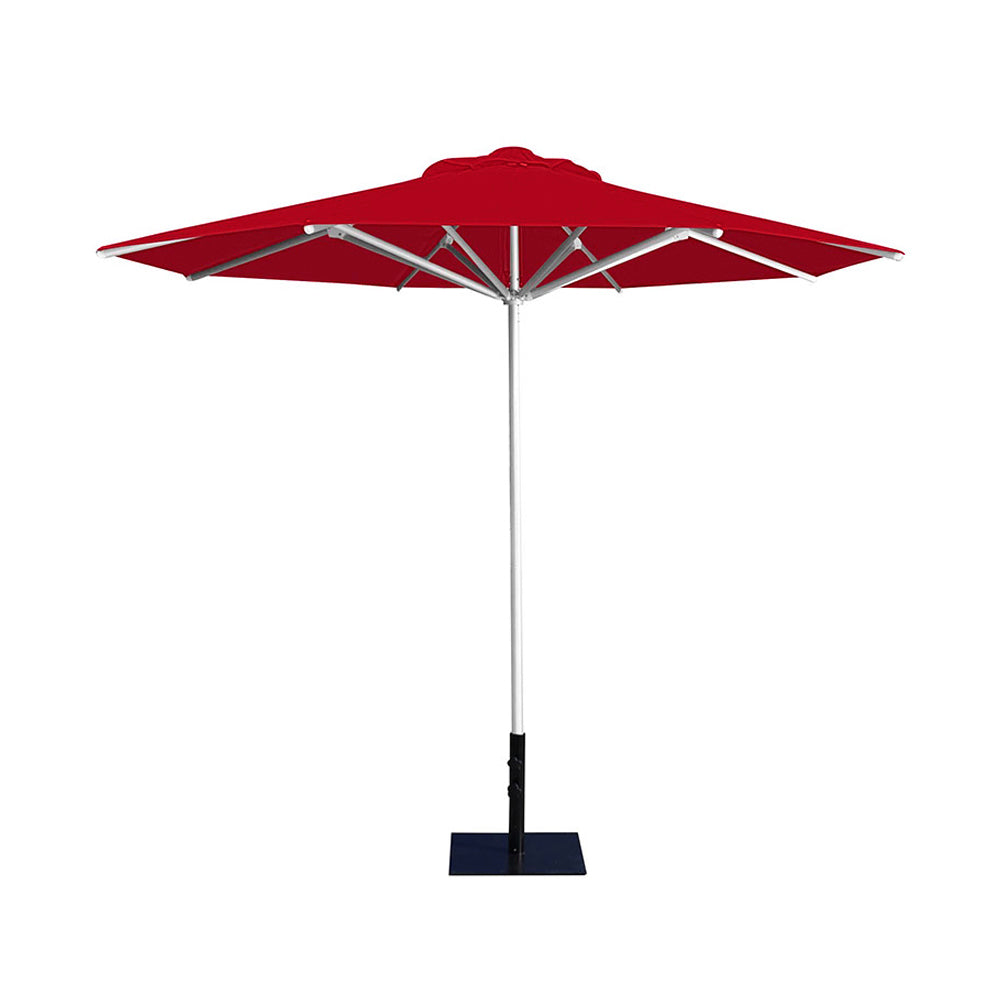 10' Saville octagonal umbrella by Extreme Canopy with red canopy, silver frame, and 26lb base plate