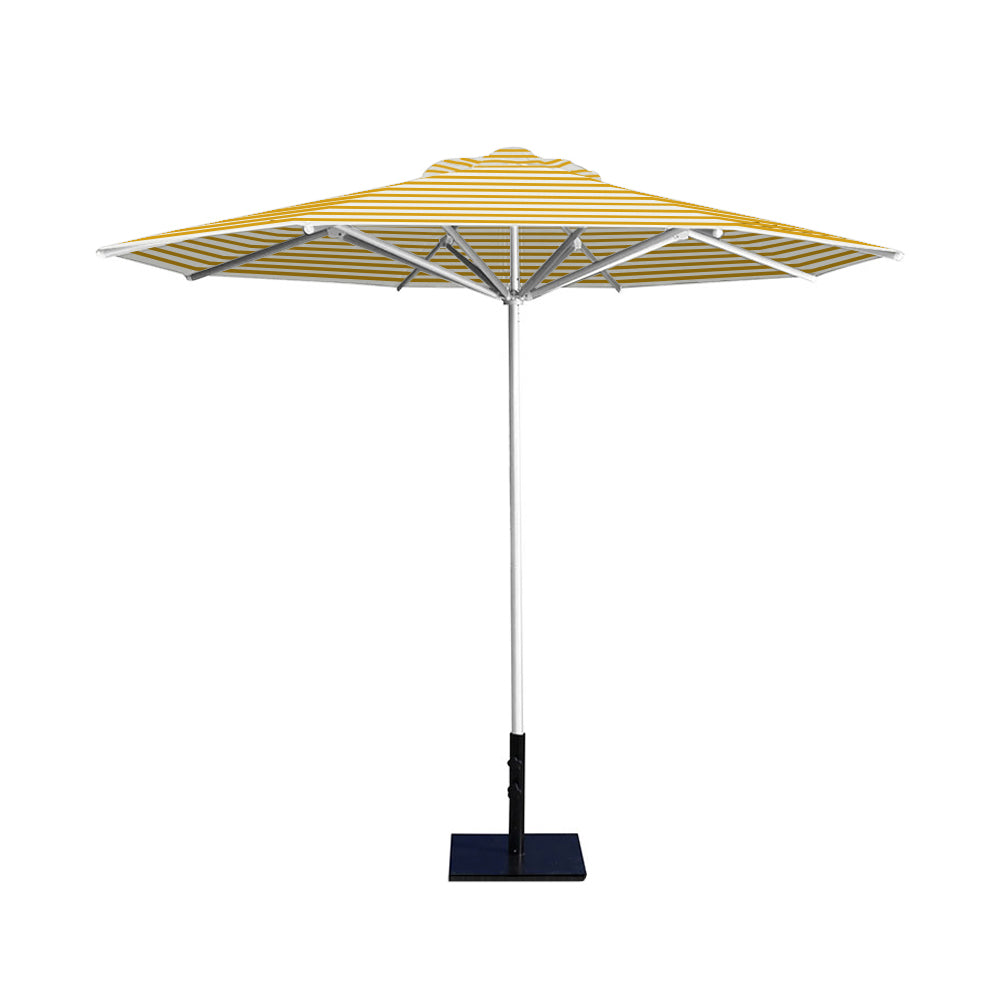 10' Saville octagonal umbrella by Extreme Canopy with sunflower stripe canopy, silver frame, and 50lb base plate