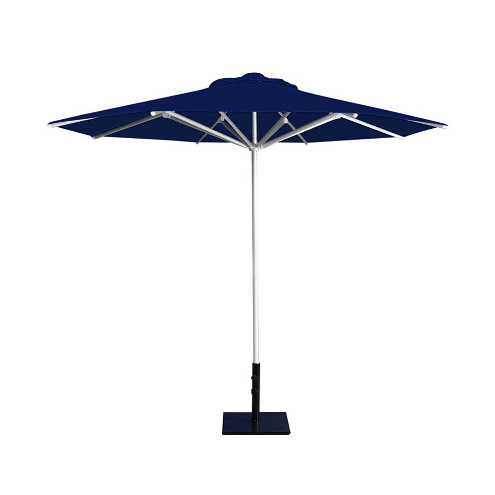 10' Saville octagonal umbrella by Extreme Canopy with navy canopy, silver frame, and 50lb base plate