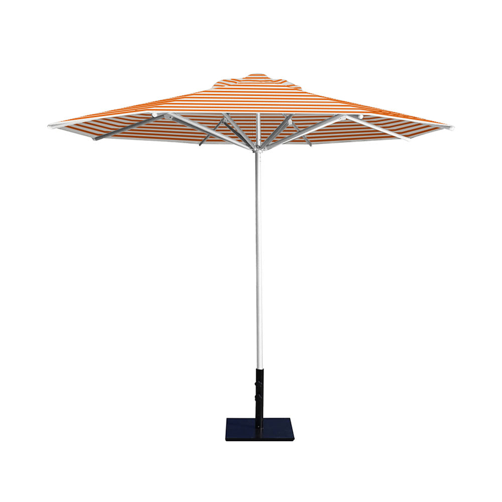 10' Saville octagonal umbrella by Extreme Canopy with orange stripe canopy, silver frame, and 50lb base plate