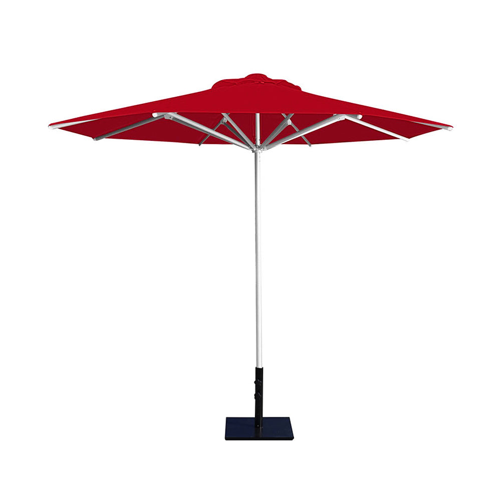 10' Saville octagonal umbrella by Extreme Canopy with red canopy, silver frame, and 50lb base plate