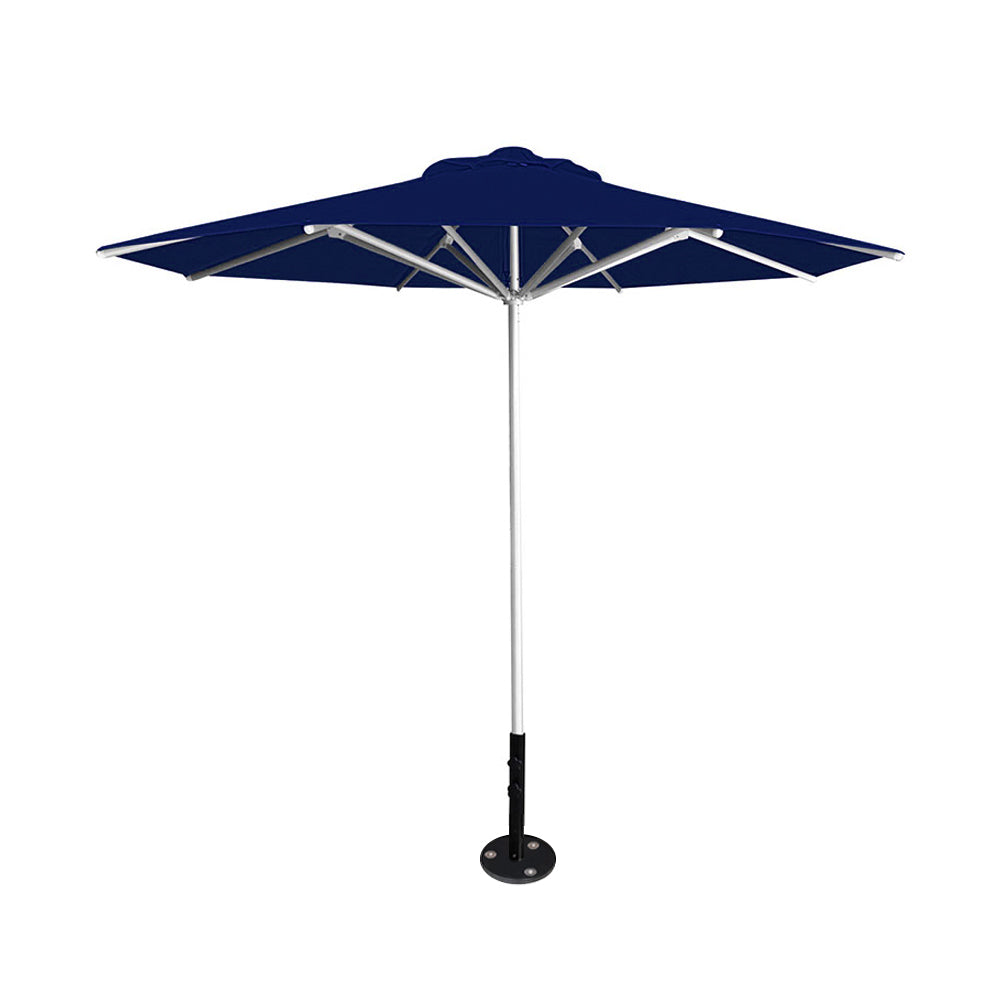 10' Saville octagonal umbrella by Extreme Canopy with navy canopy, silver frame, and inground base plate