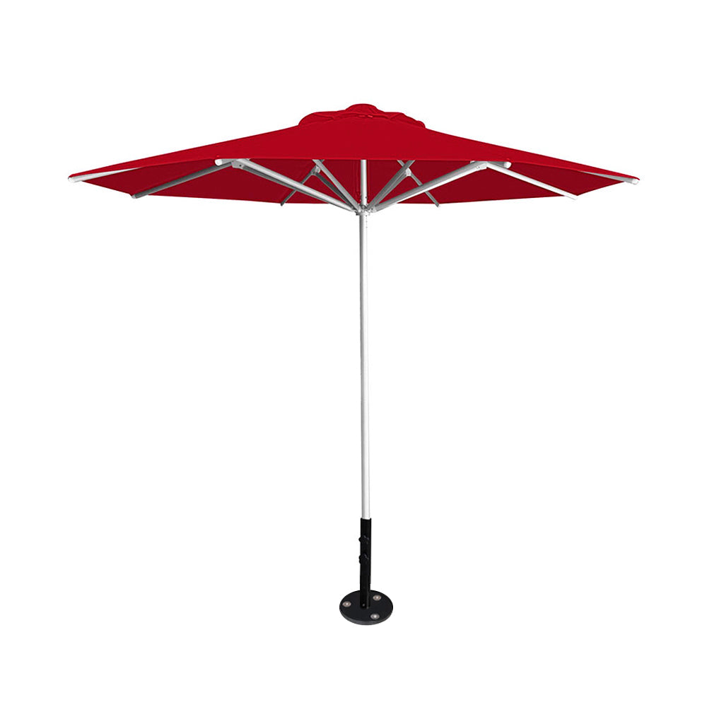 10' Saville octagonal umbrella by Extreme Canopy with red canopy, silver frame, and inground base plate