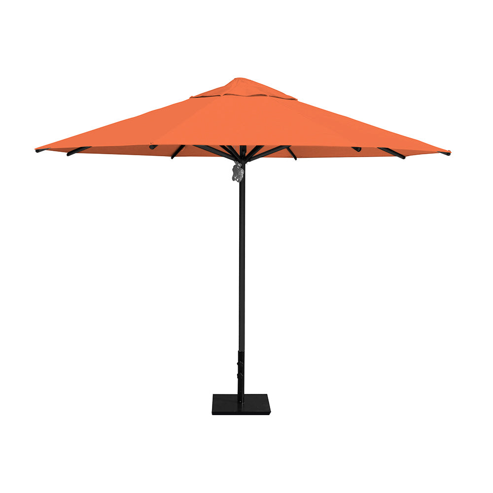11' Saville octagonal umbrella by Extreme Canopy with orange canopy, black frame, and 50lb steel base