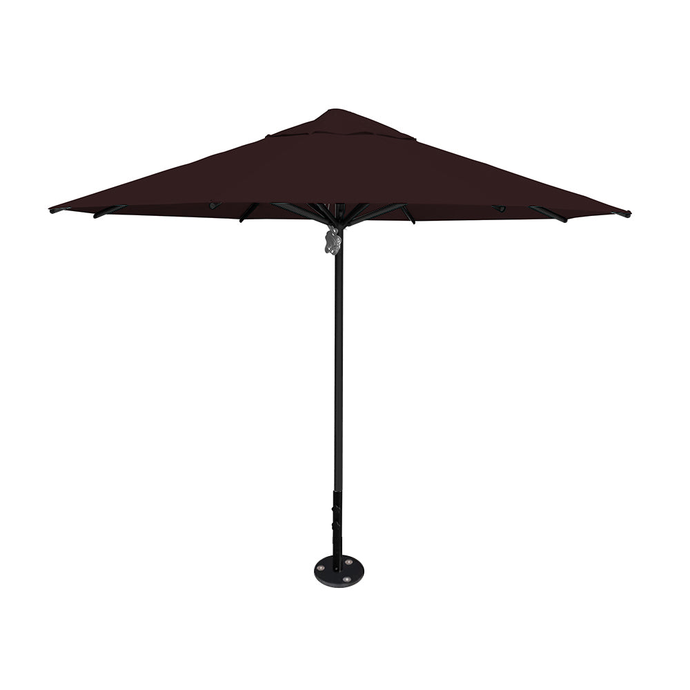 11' diameter Saville octagonal umbrella featuring a brown canopy and black aluminum frame and inground base by Extreme Canopy