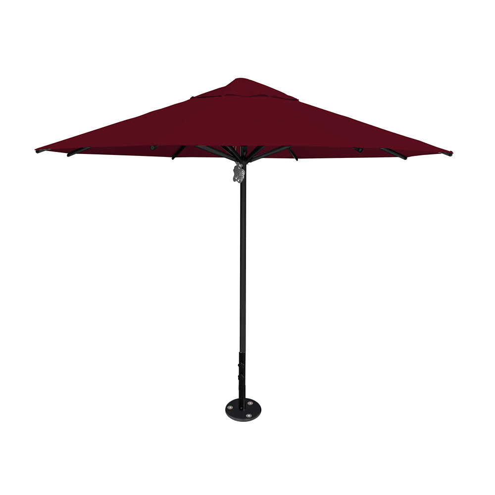 11' diameter Saville octagonal umbrella featuring a burgundy canopy and black aluminum frame and inground base by Extreme Canopy