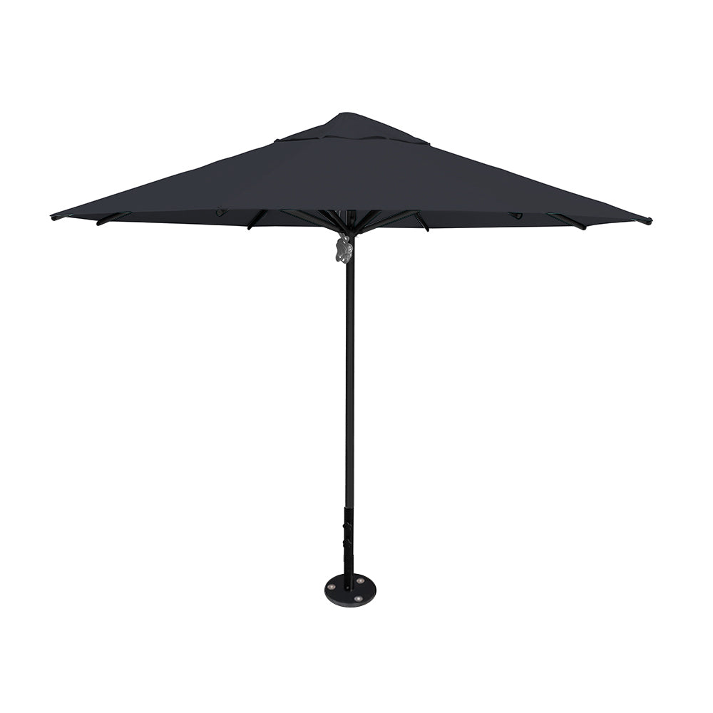 11' diameter Saville octagonal umbrella featuring a charcoal canopy and black aluminum frame and inground base by Extreme Canopy