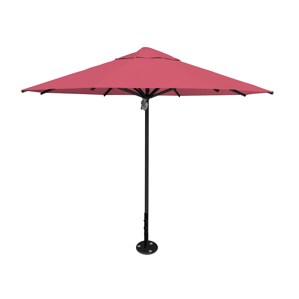 11' diameter Saville octagonal umbrella featuring a coral canopy and black aluminum frame and inground base by Extreme Canopy