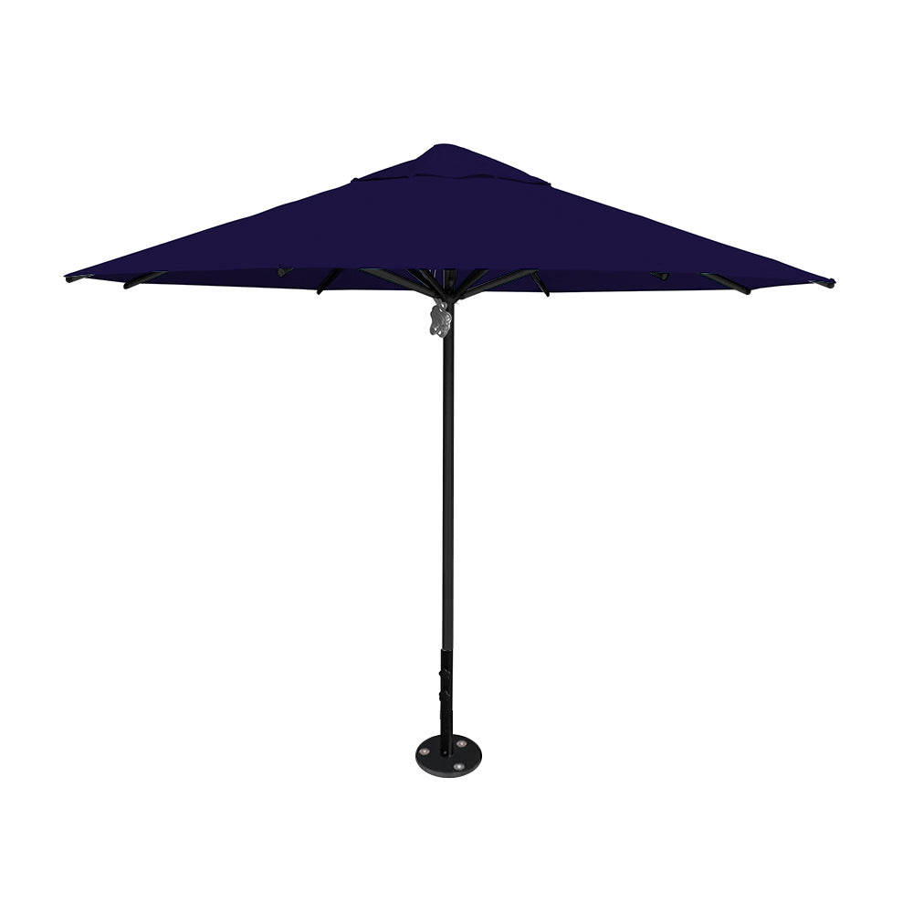 11' diameter Saville octagonal umbrella featuring a navy canopy and black aluminum frame and inground base by Extreme Canopy
