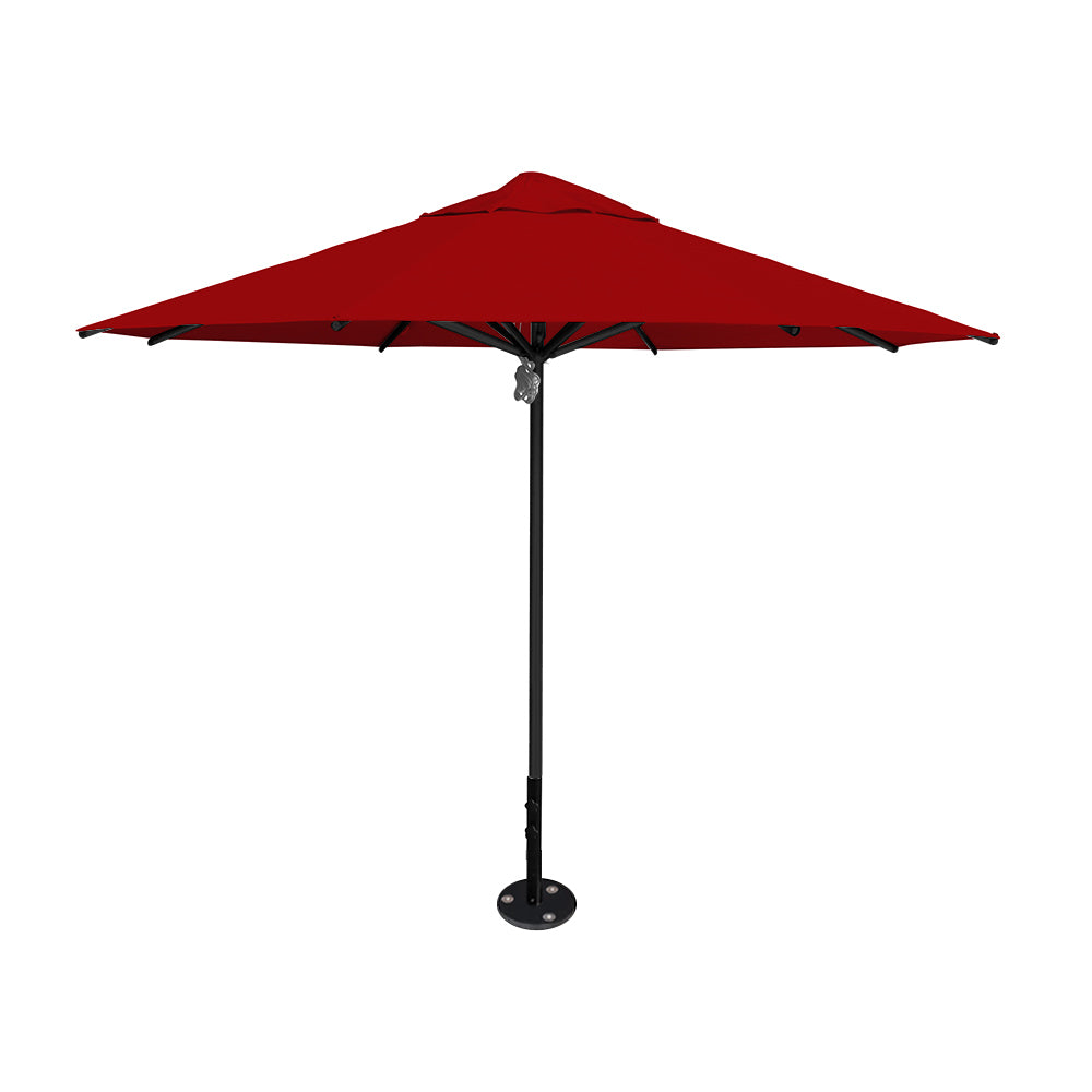 11' diameter Saville octagonal umbrella featuring a red canopy and black aluminum frame and inground base by Extreme Canopy