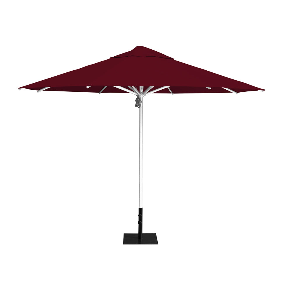 11' Saville octagonal umbrella by Extreme Canopy with burgundy canopy, silver frame, and 26lb steel base