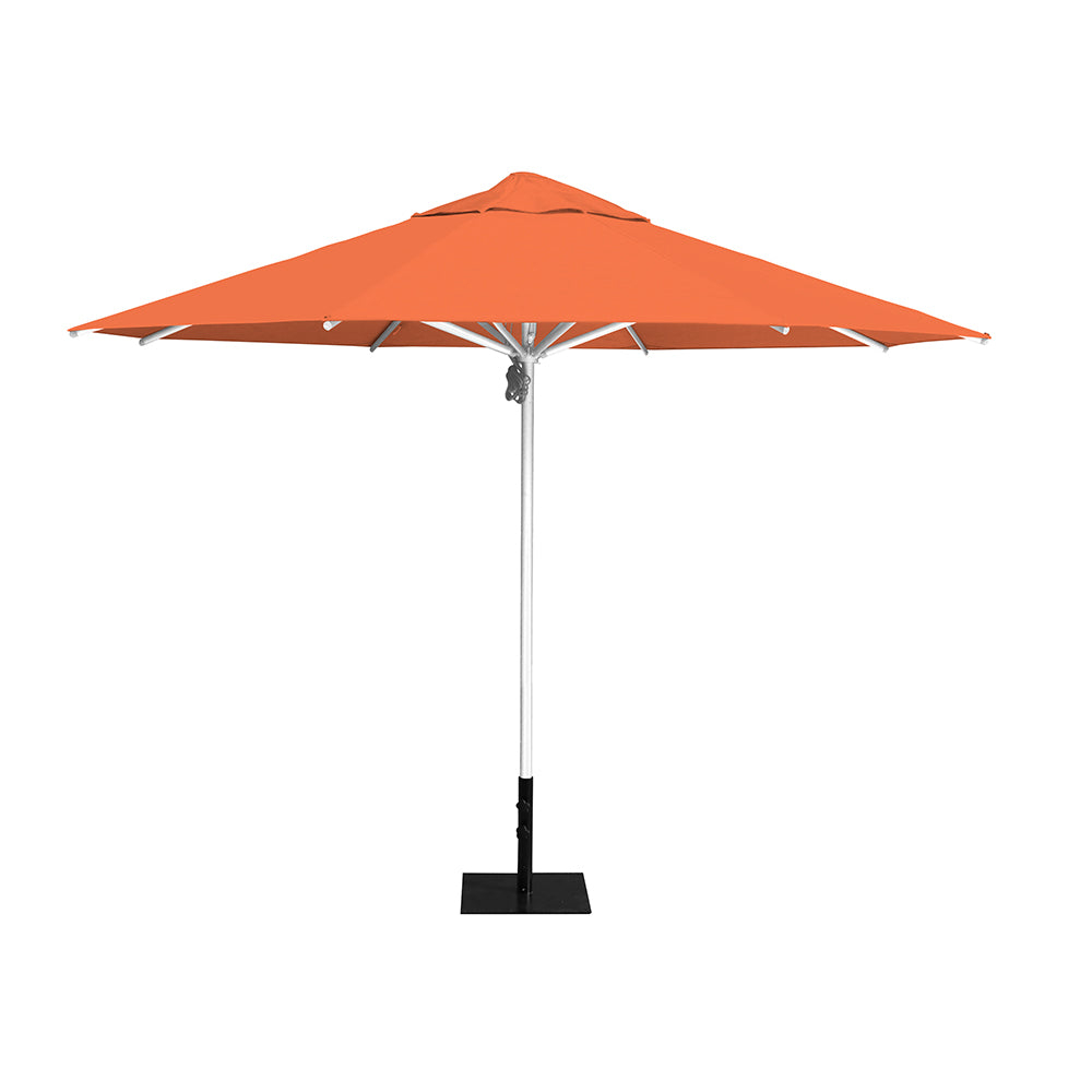 11' Saville octagonal umbrella by Extreme Canopy with orange canopy, silver frame, and 26lb steel base