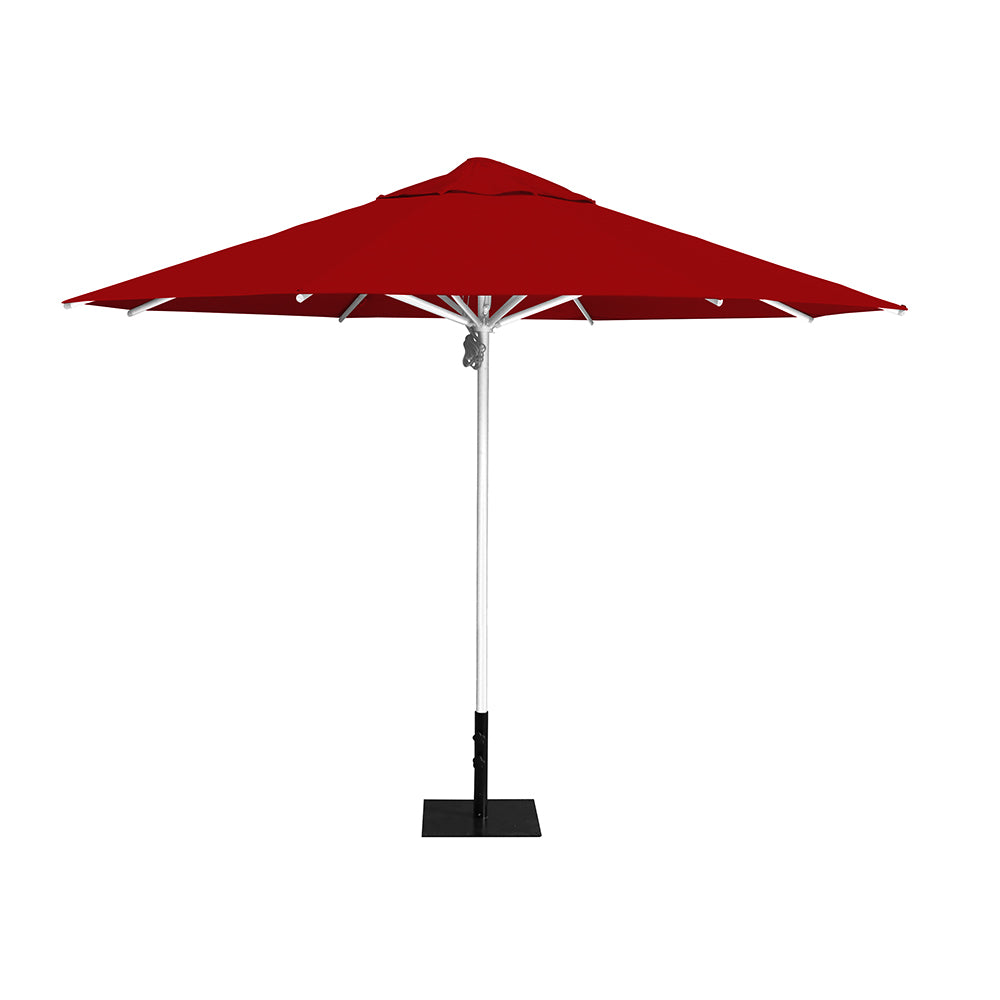 11' Saville octagonal umbrella by Extreme Canopy with red canopy, silver frame, and 26lb steel base